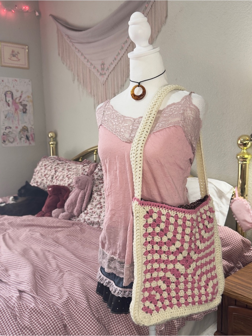 Cream and Pink Crochet Shoulder Bag - Handmade Boho Style